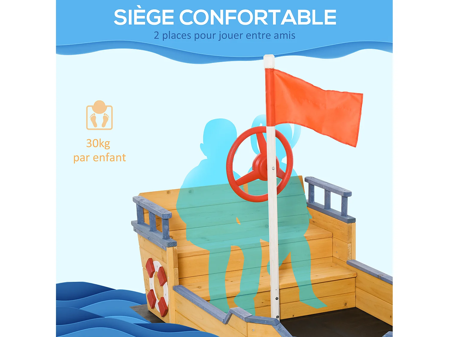 Bac à sable bateau de pirate - banc, coffre rangement, gouvernail, drapeau, bâche - bois sapin pré-huilé