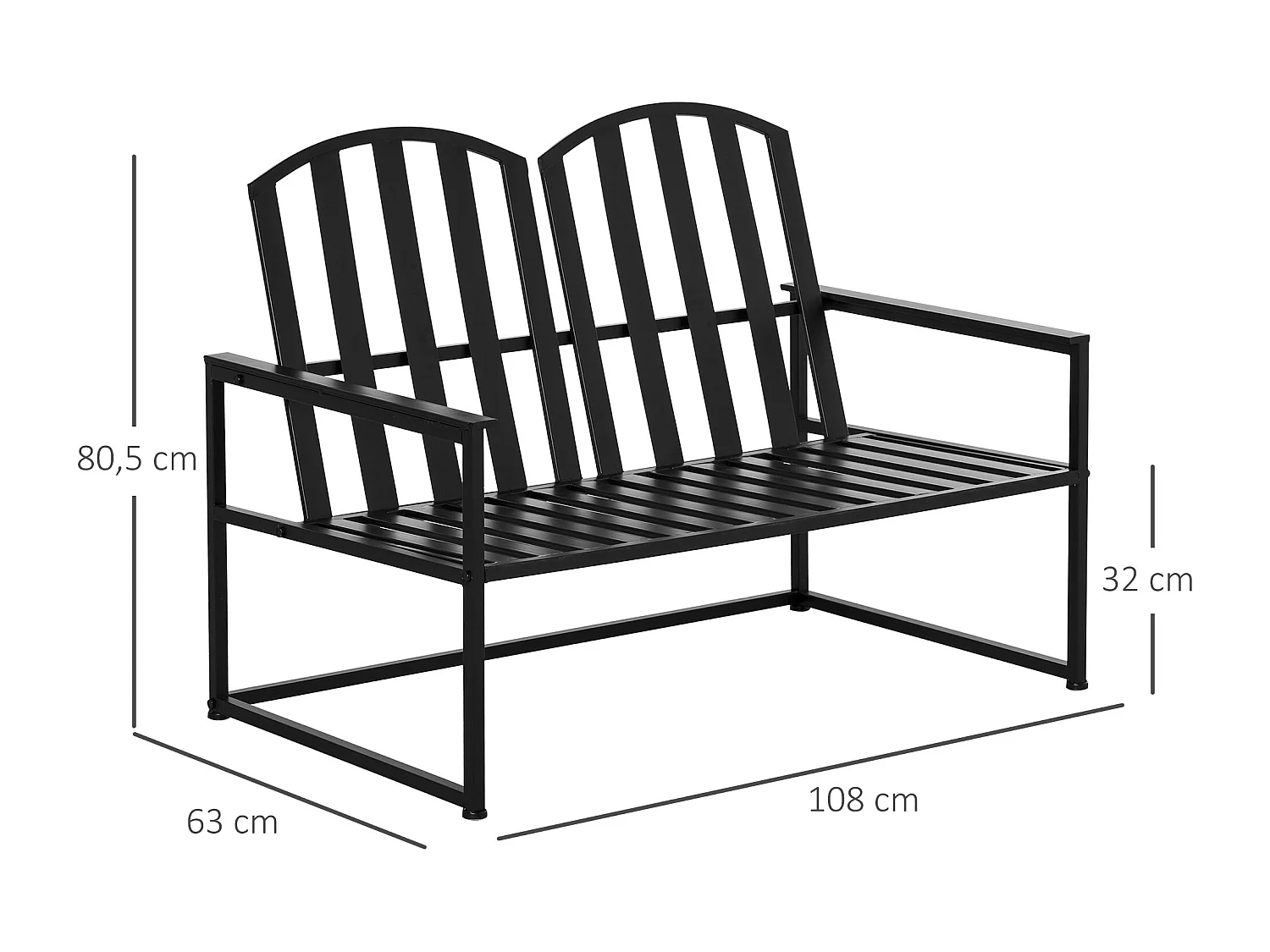 Banc de jardin design contemporain 2 places dim. 108L x 63l x 80H cm métal époxy noir