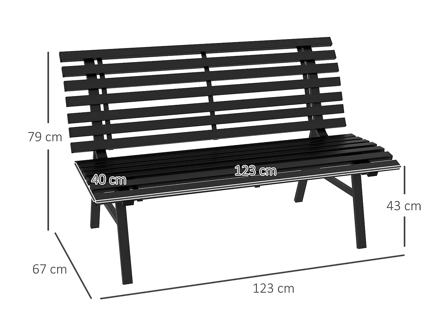 Banc de jardin 2 places assise dossier à lattes alu noir