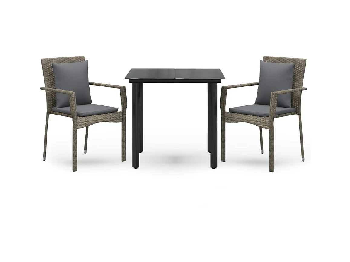 3-tlg. Garten-Essgruppe,Gartensitzgruppe mit Kissen Schwarz und Grau Poly Rattan -gkd60962