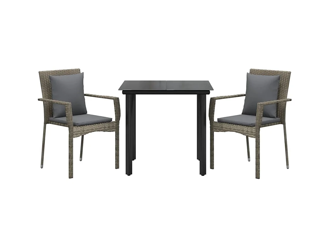 3-tlg. Garten-Essgruppe,Gartensitzgruppe mit Kissen Schwarz und Grau Poly Rattan -gkd60962