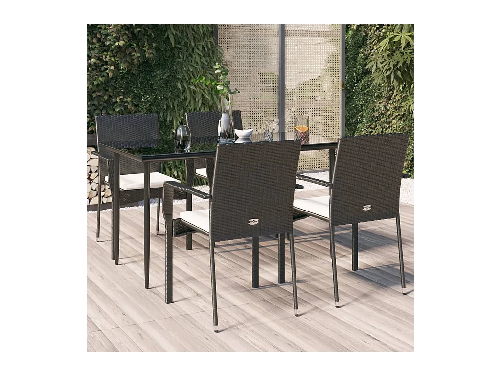 5 pcs conjunto de jantar p/ jardim c/ almofadões vime PE preto PT450759