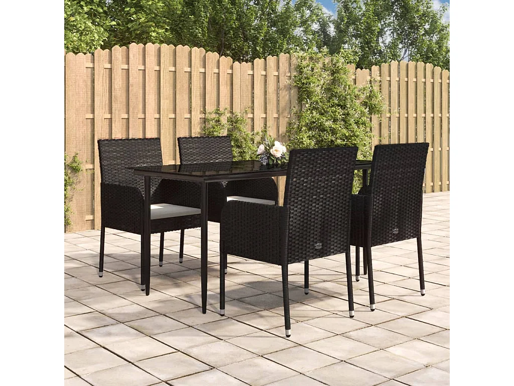 5-tlg. Garten-Essgruppe,Gartensitzgruppe mit Kissen Schwarz Poly Rattan -gkd77047