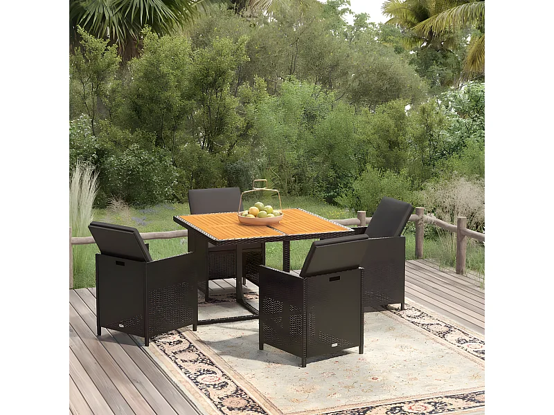 5-tlg. Garten-Essgruppe,Gartensitzgruppe mit Kissen Poly Rattan Schwarz -gkd37298