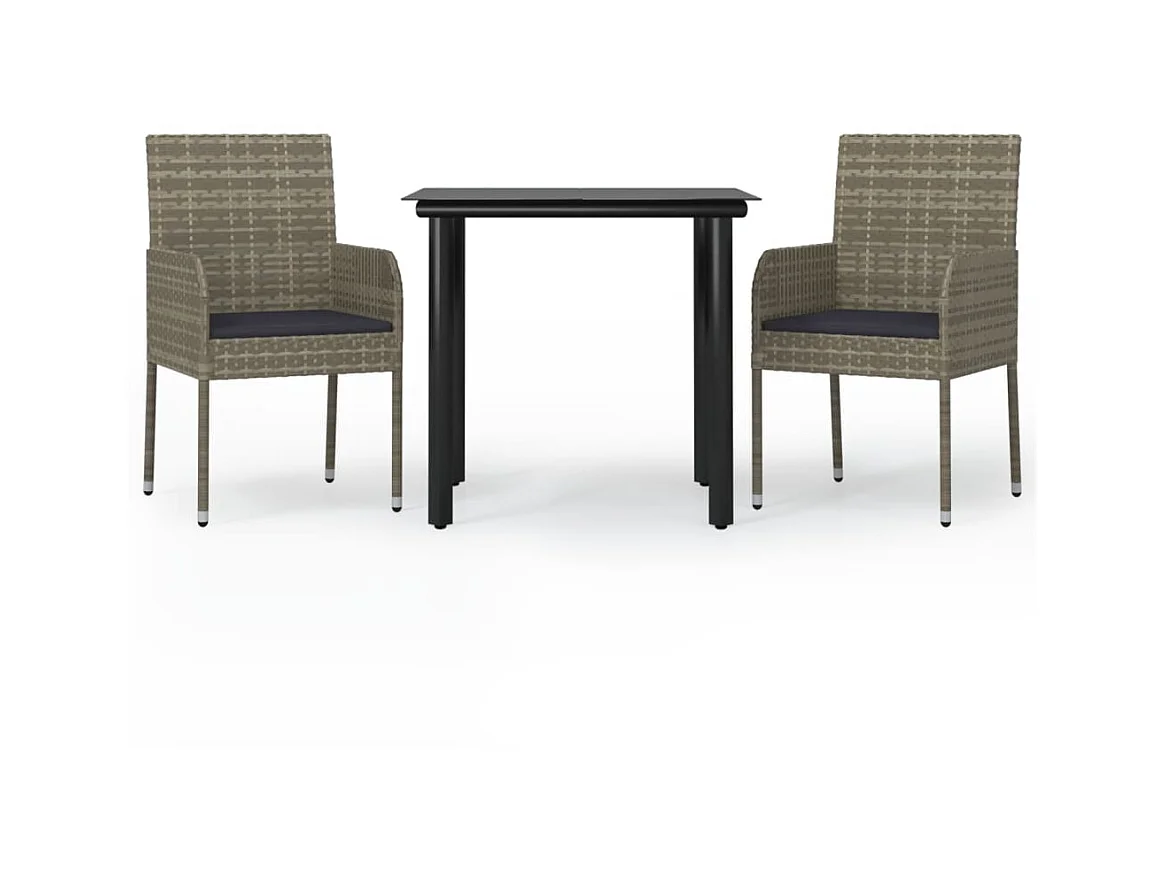 3-tlg. Garten-Essgruppe,Gartensitzgruppe mit Kissen Schwarz und Grau Poly Rattan -gkd46152