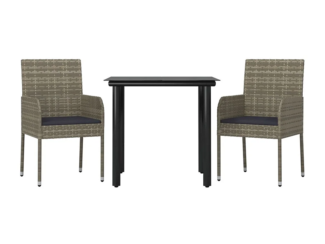 3 pcs conj. jantar p/ jardim c/ almofadões vime PE preto/cinza PT203879