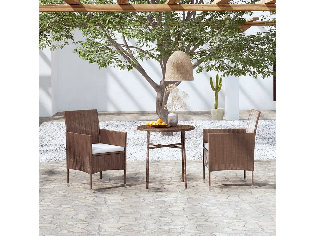 3 pcs conjunto de jantar para jardim vime PE castanho PT847045