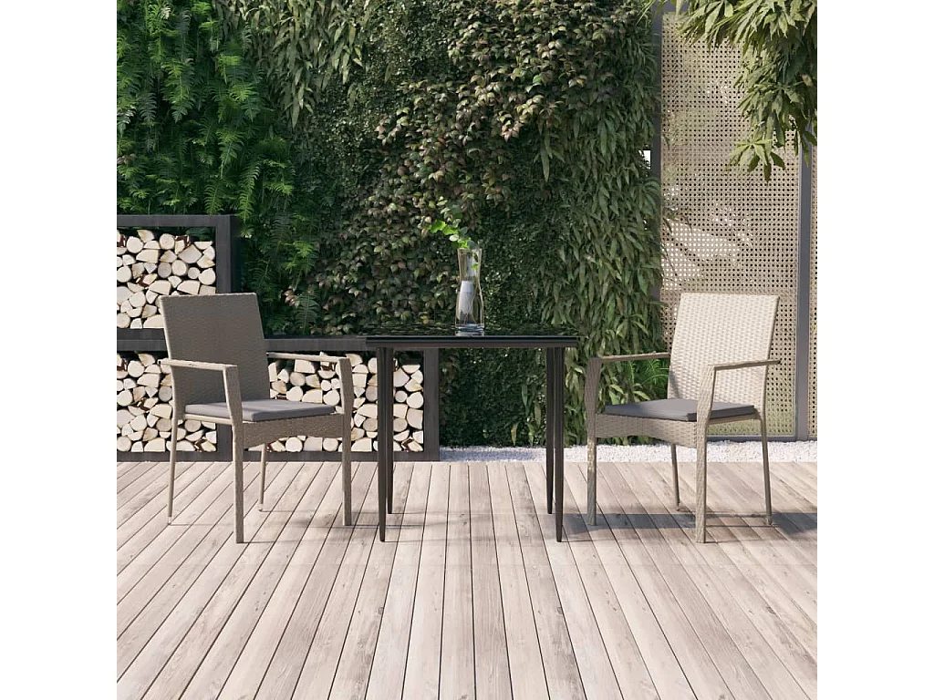 3-tlg. Garten-Essgruppe,Gartensitzgruppe mit Kissen Schwarz und Grau Poly Rattan -gkd55695