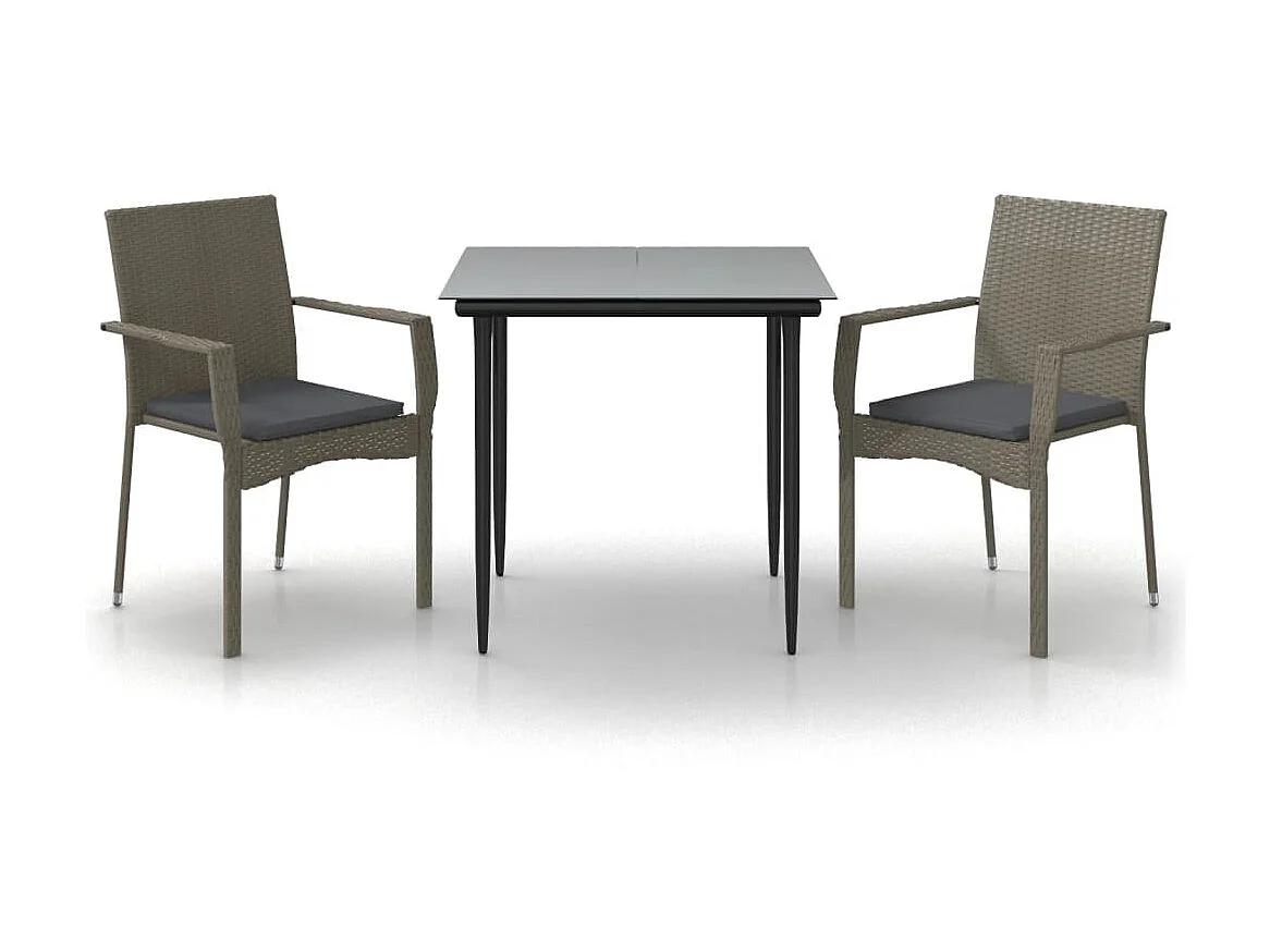 3-tlg. Garten-Essgruppe,Gartensitzgruppe mit Kissen Schwarz und Grau Poly Rattan -gkd55695