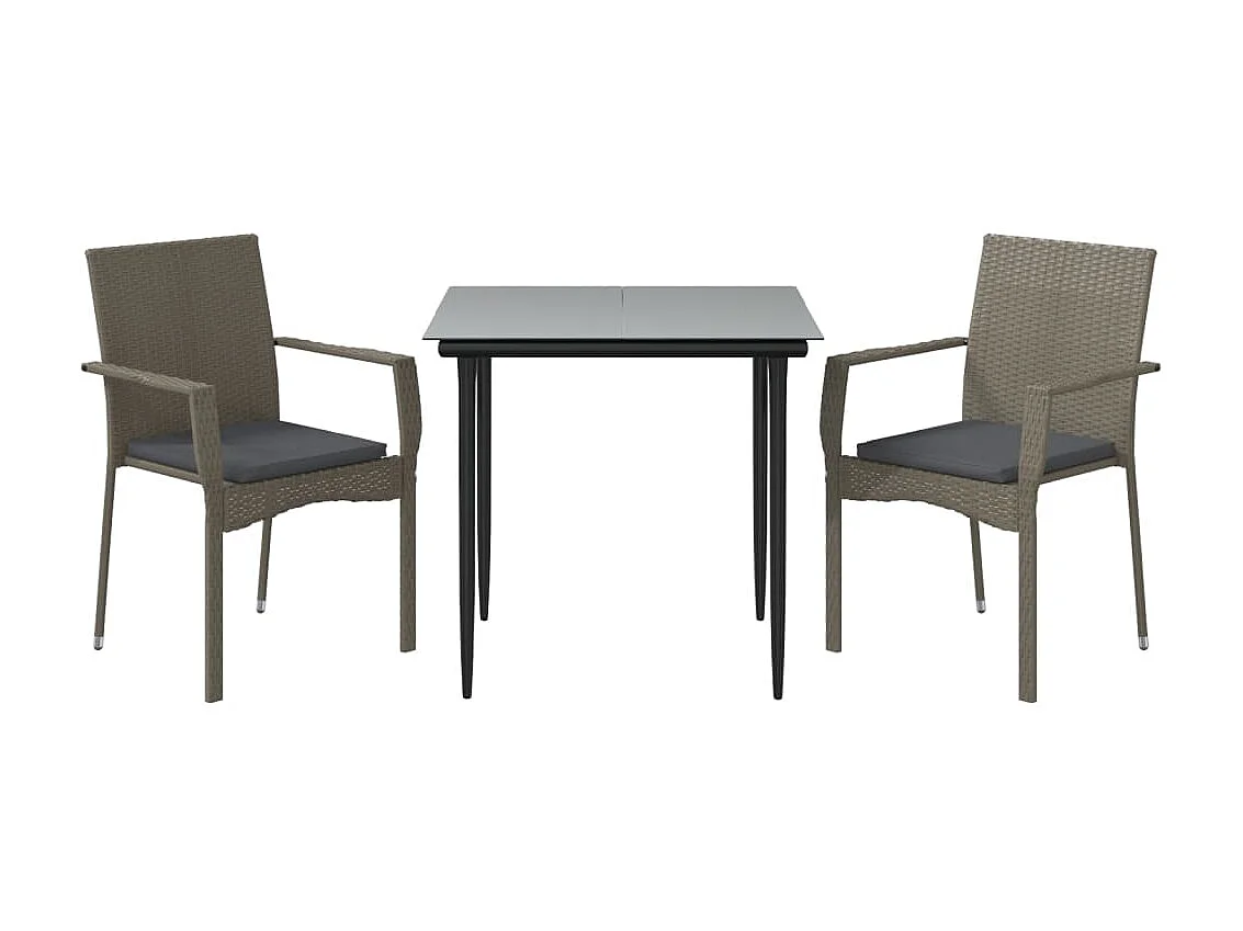 3-tlg. Garten-Essgruppe,Gartensitzgruppe mit Kissen Schwarz und Grau Poly Rattan -gkd55695