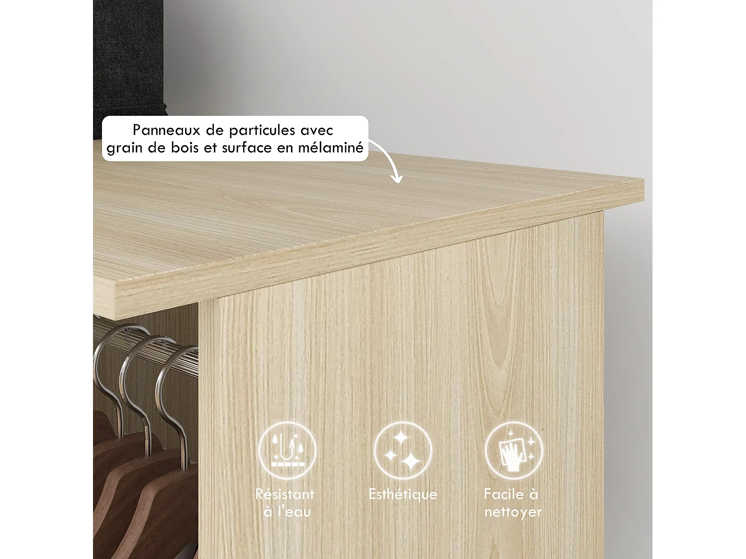 Armoire penderie meuble de rangement mobile 6 roulettes 120L x 40l x 128H cm panneaux de particules aspect bois chêne