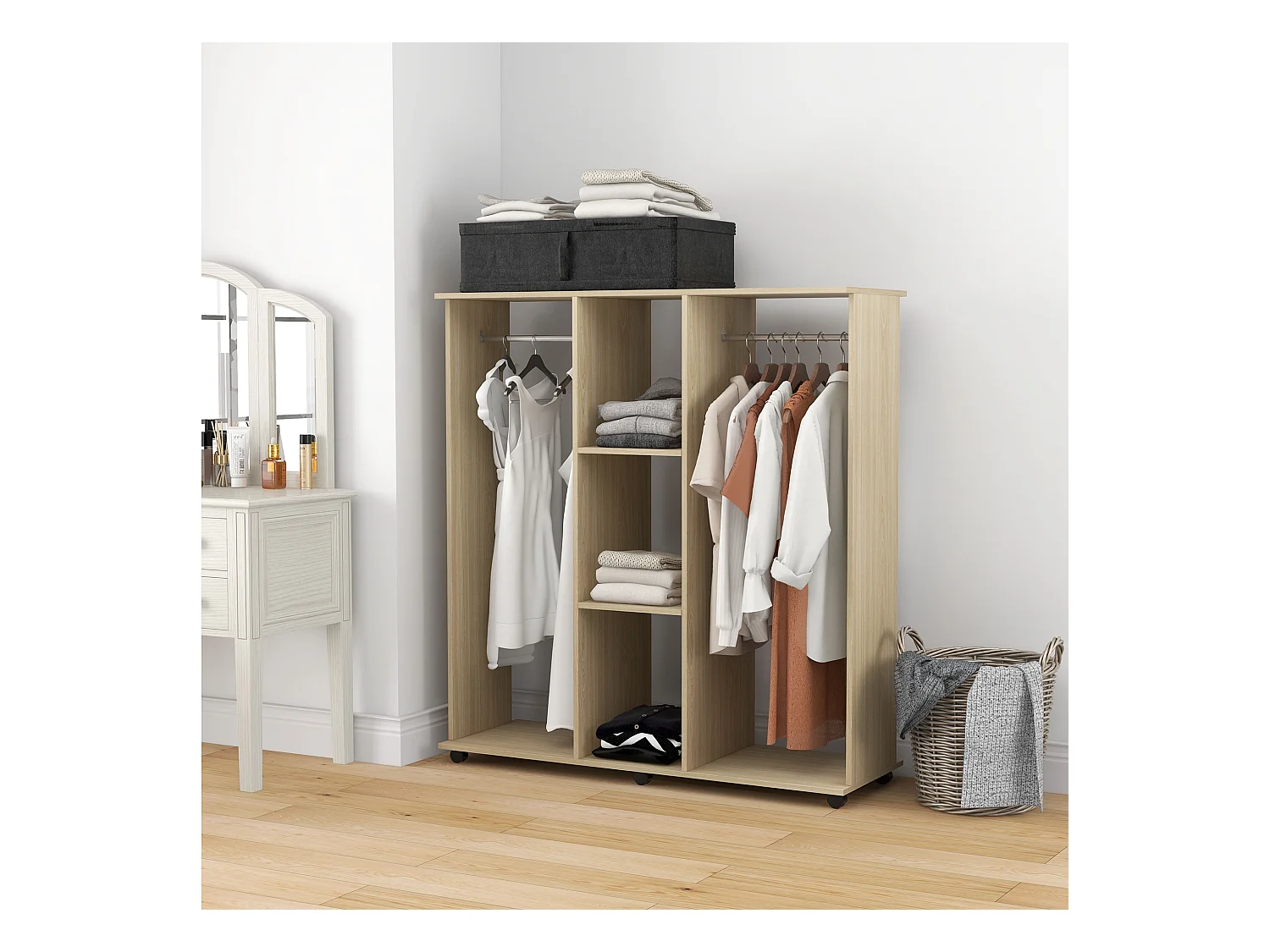 Armoire penderie meuble de rangement mobile 6 roulettes 120L x 40l x 128H cm panneaux de particules aspect bois chêne