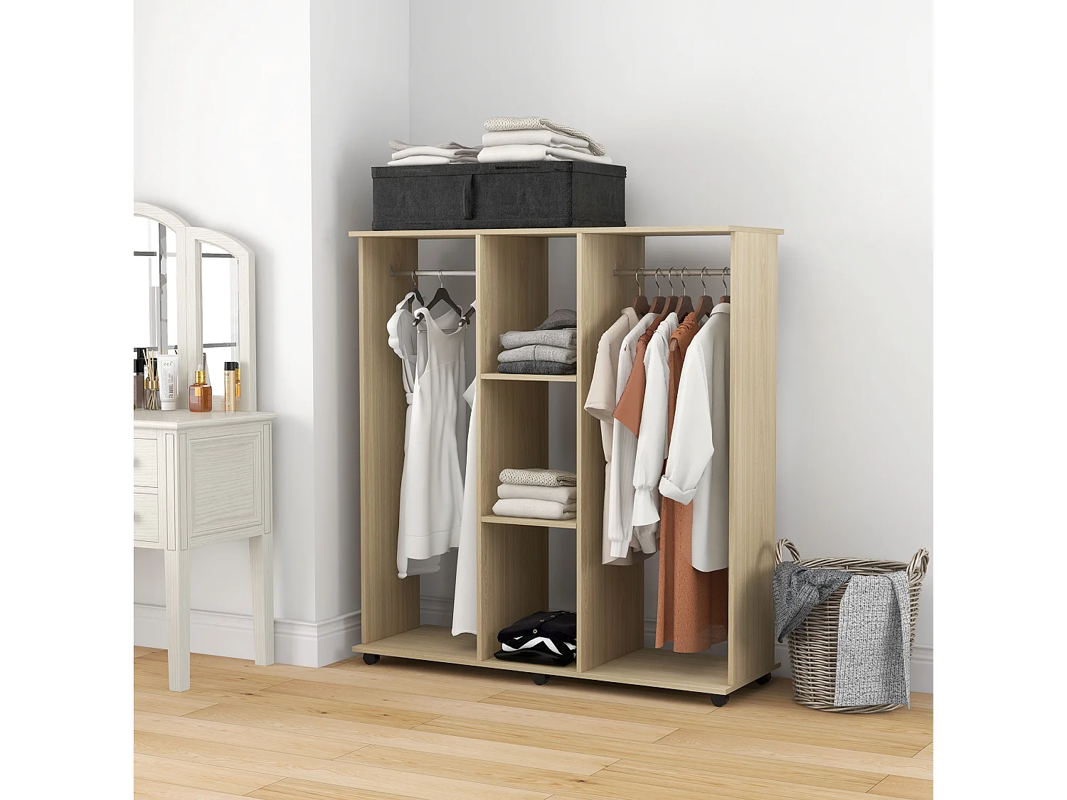 Armoire penderie meuble de rangement mobile 6 roulettes 120L x 40l x 128H cm panneaux de particules aspect bois chêne