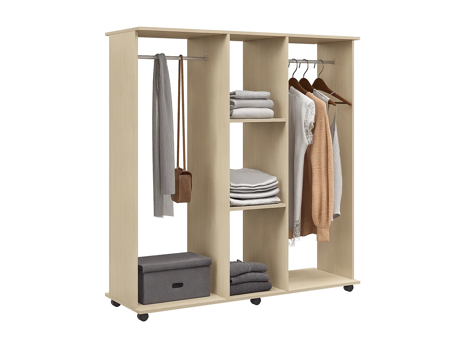 Armoire penderie meuble de rangement mobile 6 roulettes 120L x 40l x 128H cm panneaux de particules aspect bois chêne