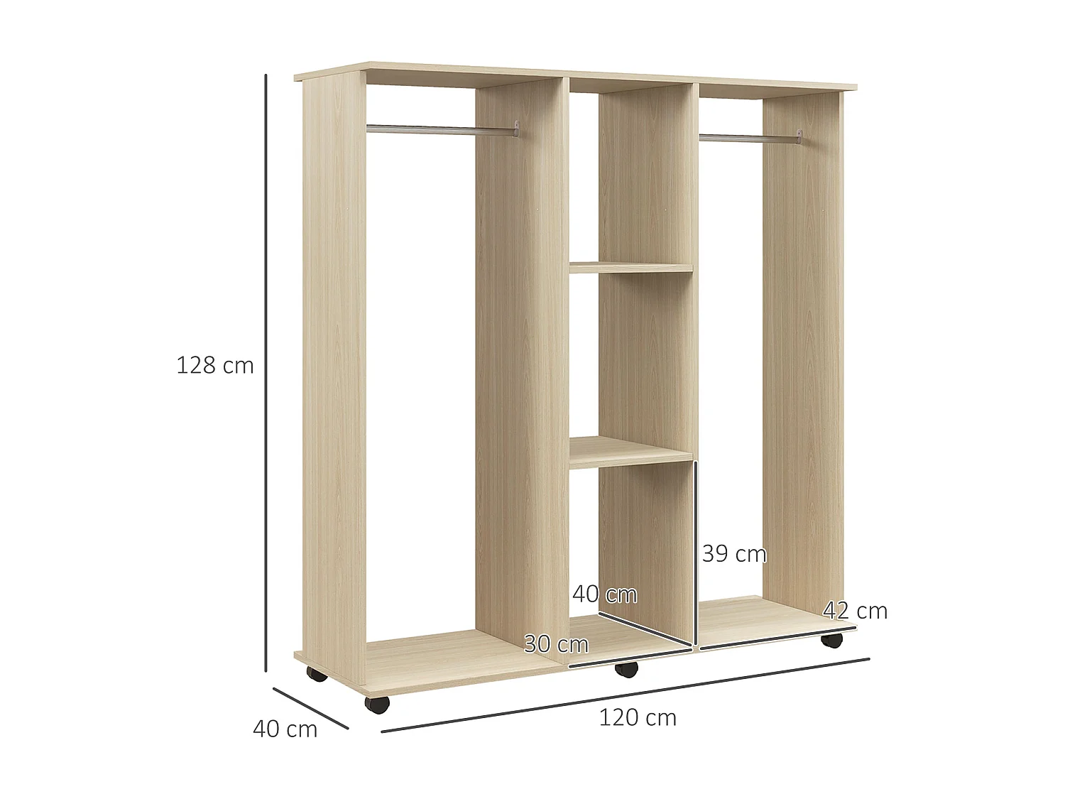Armoire penderie meuble de rangement mobile 6 roulettes 120L x 40l x 128H cm panneaux de particules aspect bois chêne