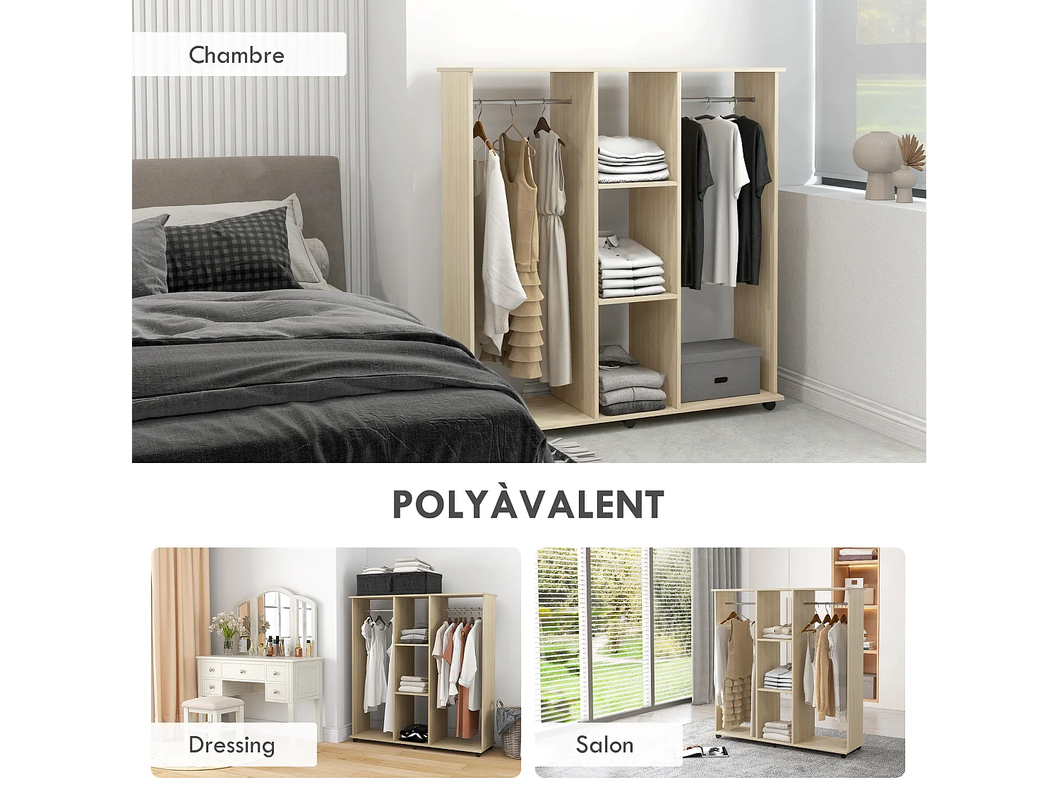 Armoire penderie meuble de rangement mobile 6 roulettes 120L x 40l x 128H cm panneaux de particules aspect bois chêne