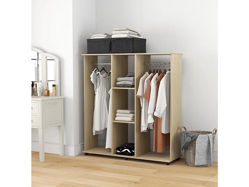 Armoire penderie meuble de rangement mobile 6 roulettes 120L x 40l x 128H cm panneaux de particules aspect bois chêne