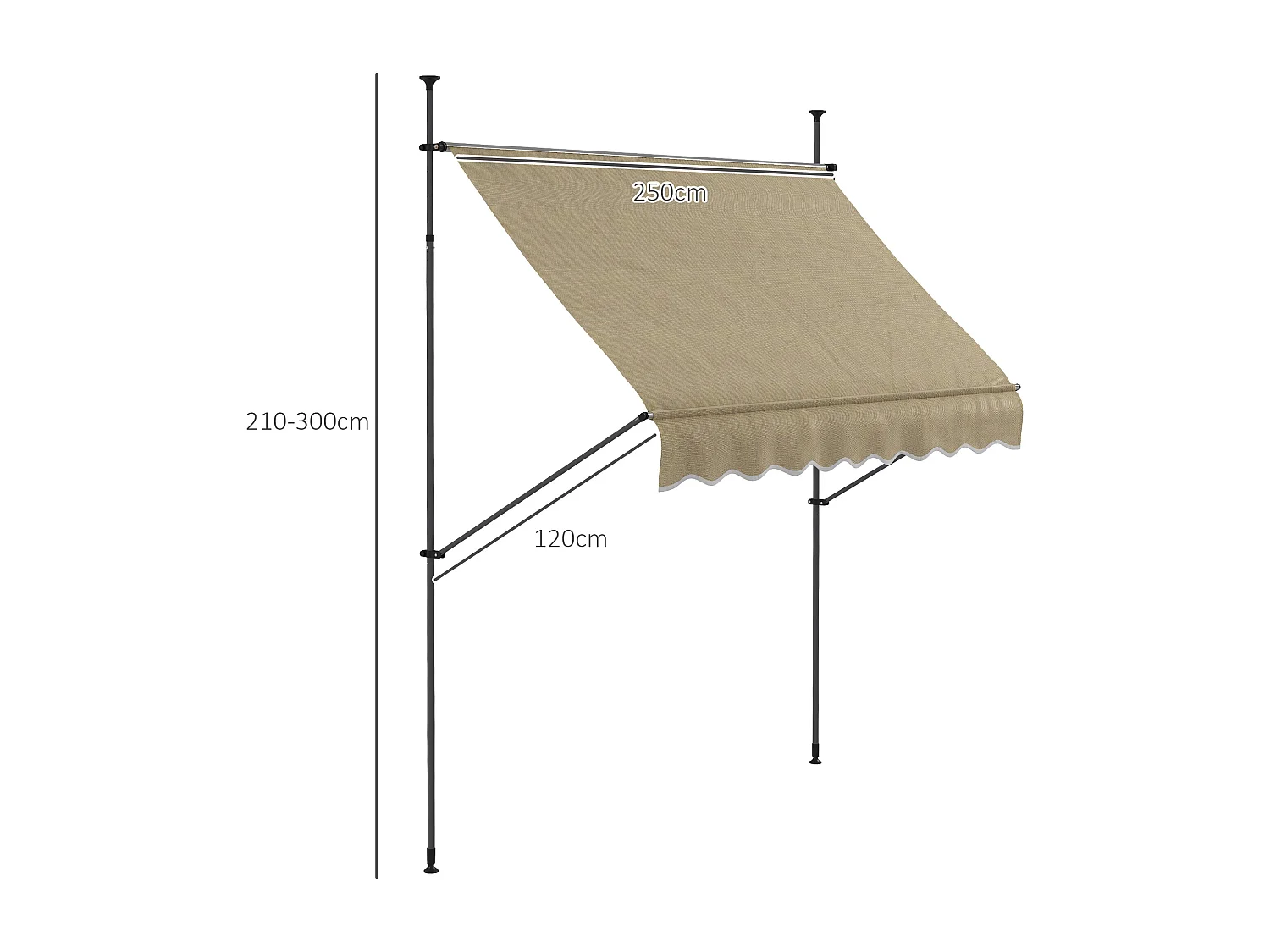 Store banne autoportant manuel rétractable 2,5L x 1,2l x 2,1-3H m inclinaison réglable métal alu polyester sable