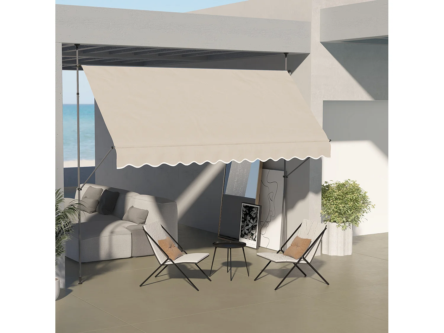 Store banne autoportant manuel rétractable 3,5L x 1,2l x 2,1-3H m inclinaison réglable métal alu polyester sable