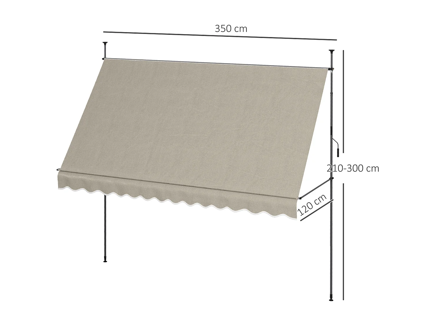 Store banne autoportant manuel rétractable 3,5L x 1,2l x 2,1-3H m inclinaison réglable métal alu polyester sable