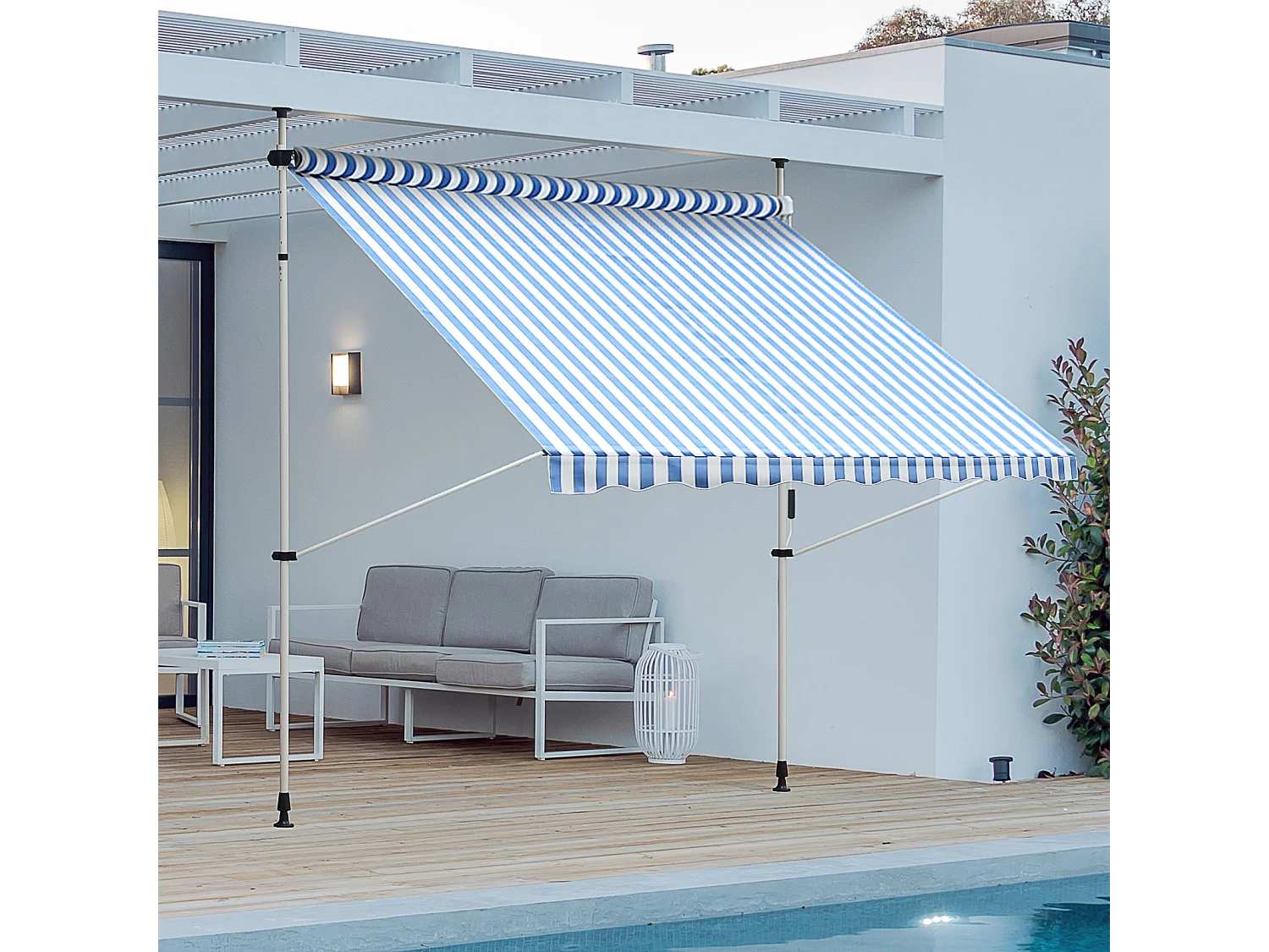 Store banne manuel rétractable 2,5L x 1,5l x 2-3H m inclinaison réglable installation rapide métal alu polyester bleu blanc rayé