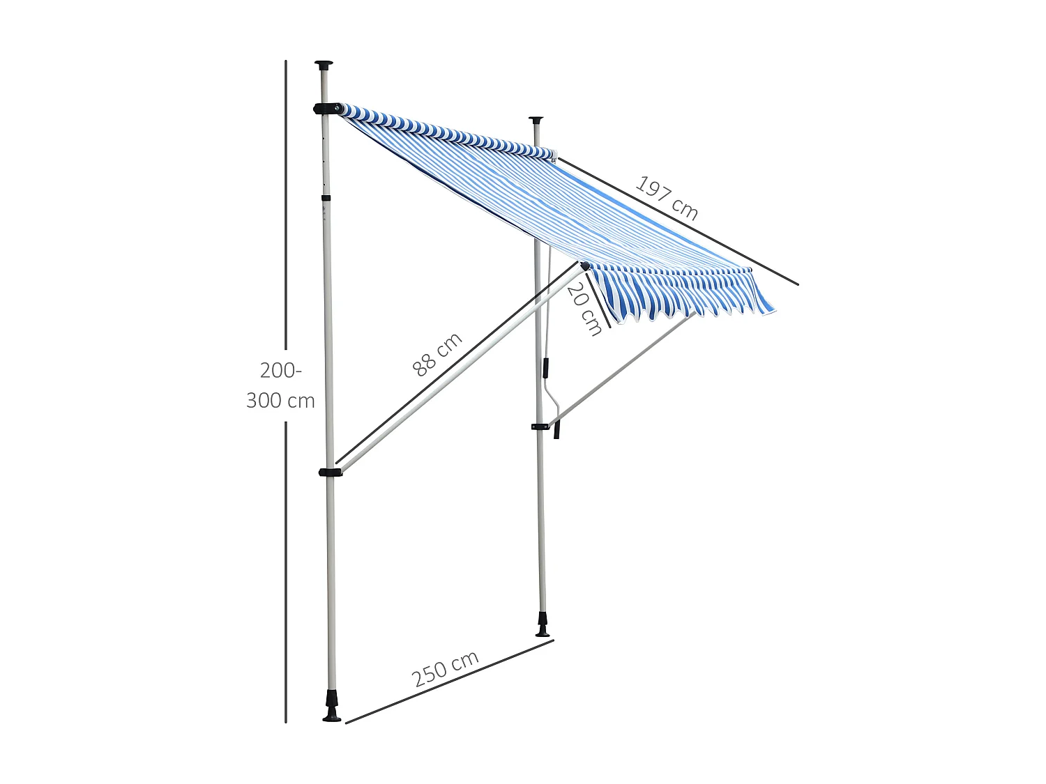 Store banne manuel rétractable 2,5L x 1,5l x 2-3H m inclinaison réglable installation rapide métal alu polyester bleu blanc rayé