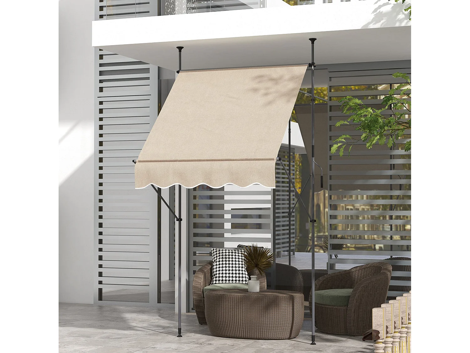 Store banne autoportant manuel rétractable 1,5L x 1,2l x 2,1-3H m inclinaison réglable métal alu polyester sable