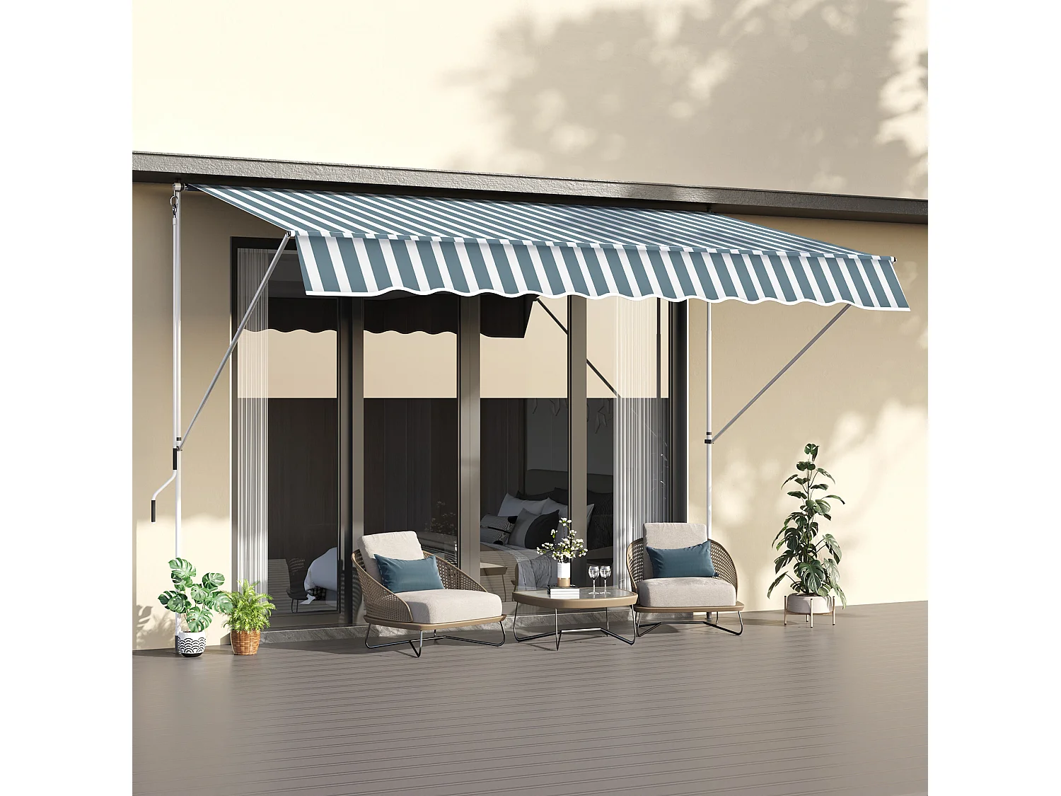 Store banne manuel rétractable 3L x 1,5l m inclinaison et hauteur réglable installation rapide métal alu polyester anti-UV vert blanc rayé