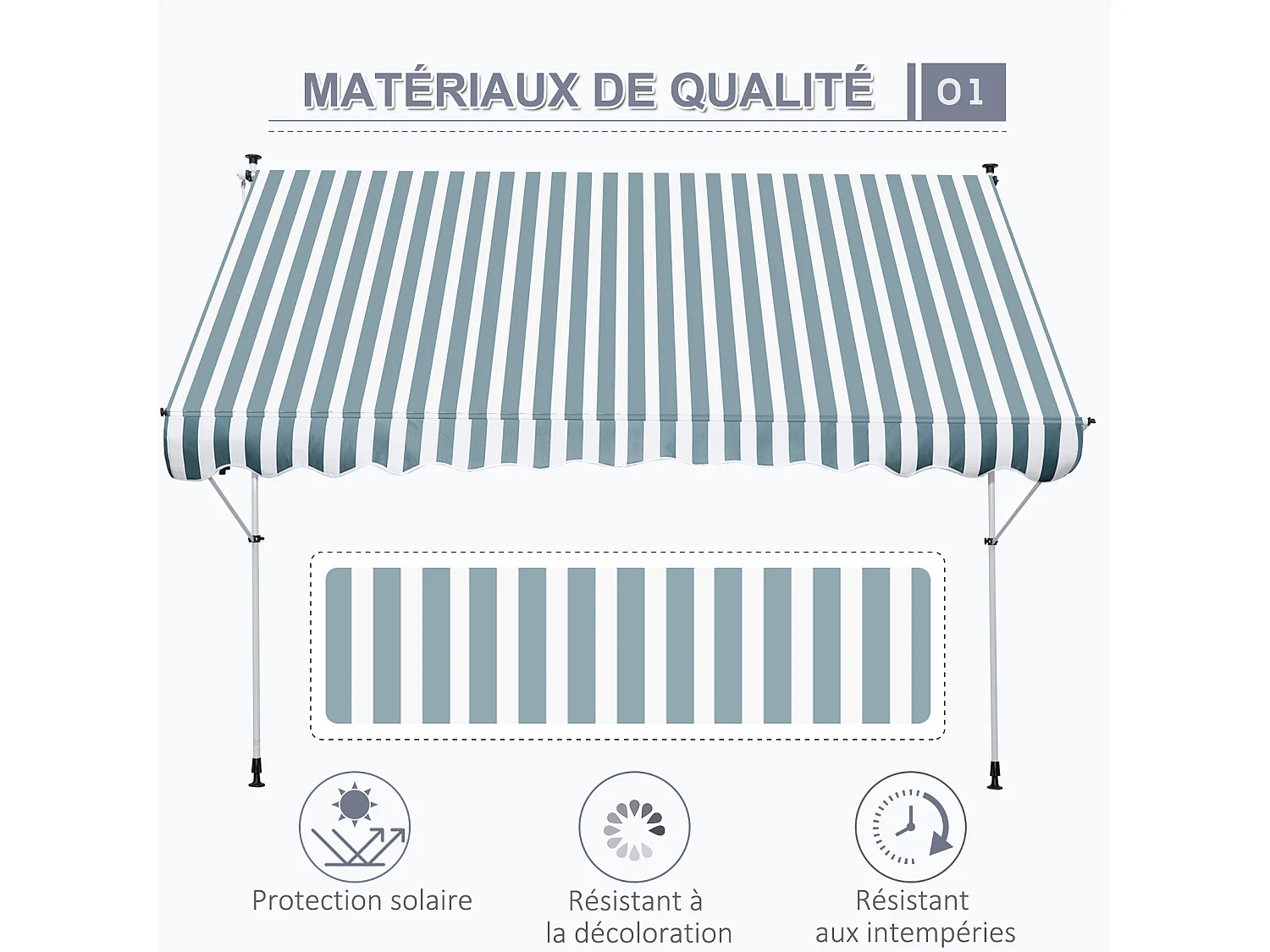 Store banne manuel rétractable 3L x 1,5l m inclinaison et hauteur réglable installation rapide métal alu polyester anti-UV vert blanc rayé
