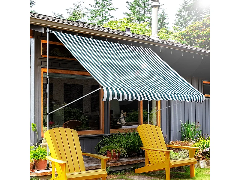 Store banne manuel rétractable 3L x 1,5l m inclinaison et hauteur réglable installation rapide métal alu polyester anti-UV vert blanc rayé