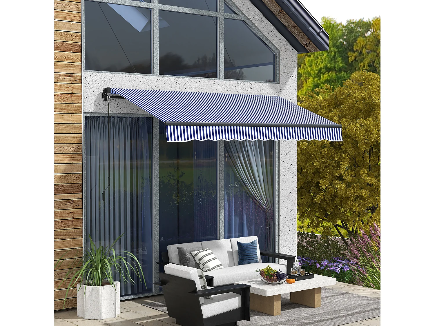 Store banne manuel rétractable inclinaison réglable manivelle alu polyester anti-UV bleu blanc