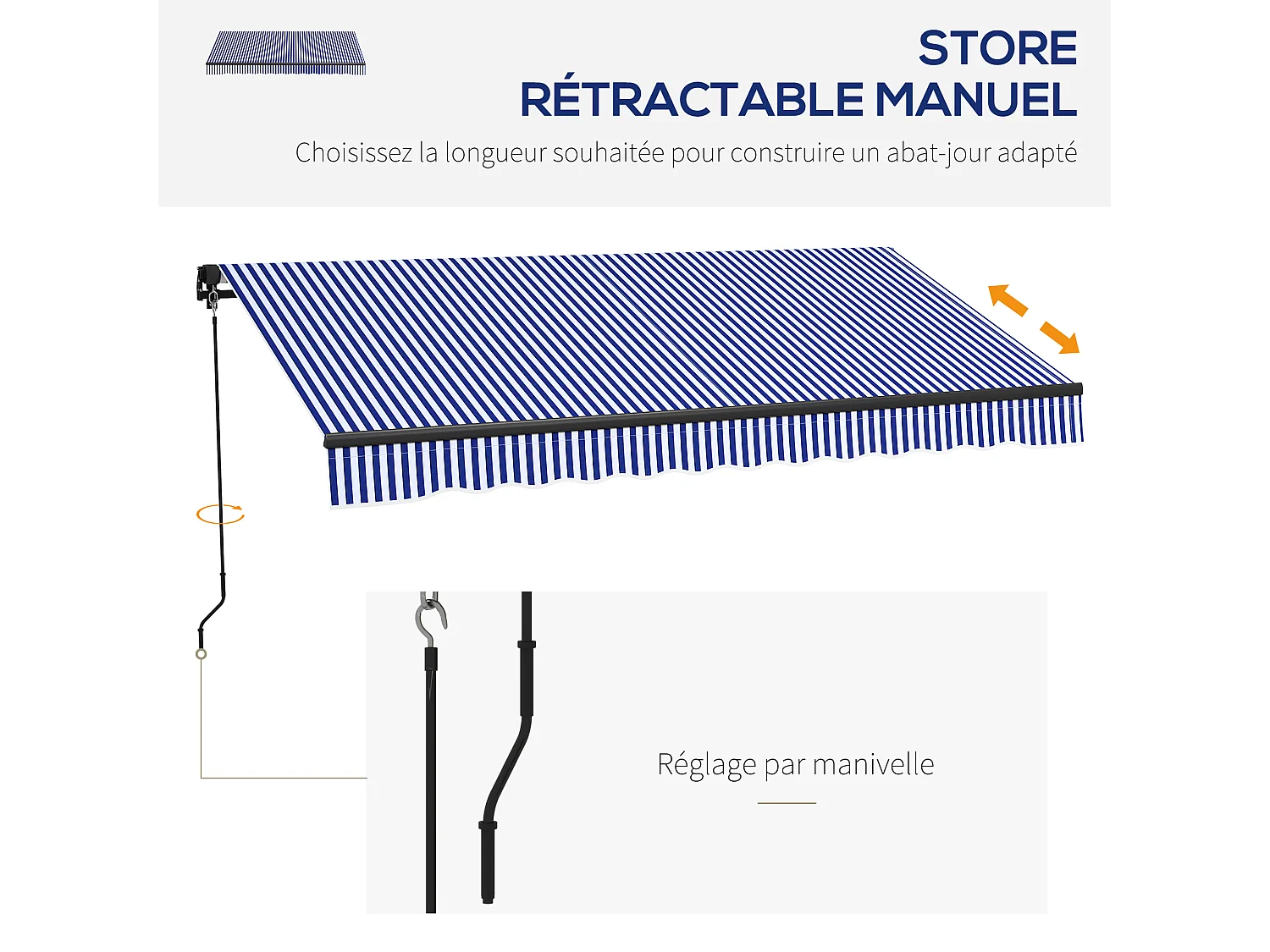 Store banne manuel rétractable inclinaison réglable manivelle alu polyester anti-UV bleu blanc