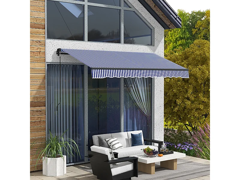 Store banne manuel rétractable inclinaison réglable manivelle alu polyester anti-UV bleu blanc