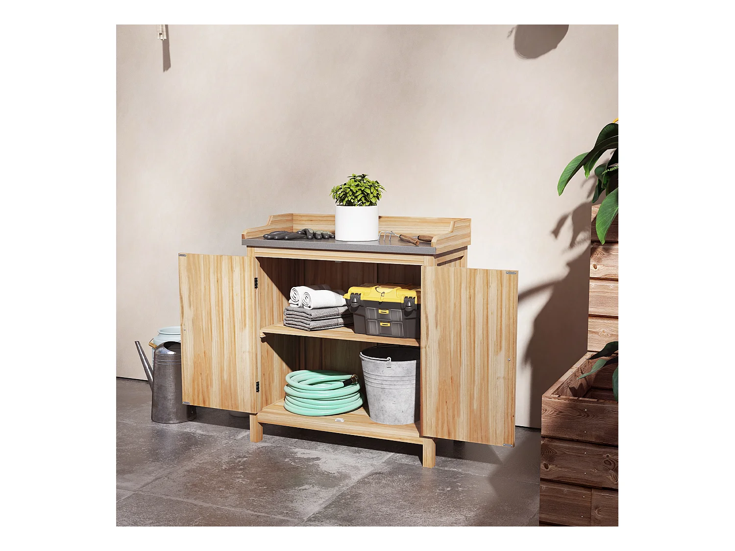 Table de rempotage armoire de jardin 2 en 1 bois sapin acier