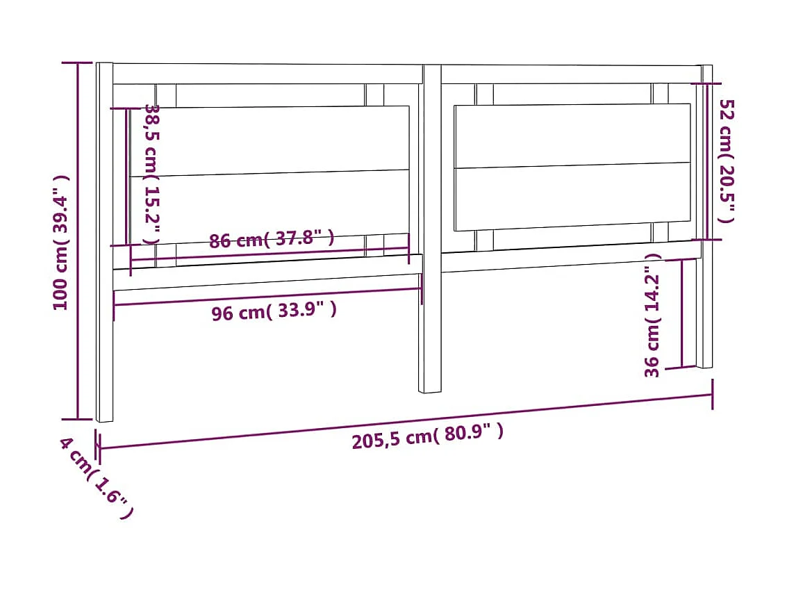 Testiera grigia 205,5x4x100 cm Legno di pino massiccio