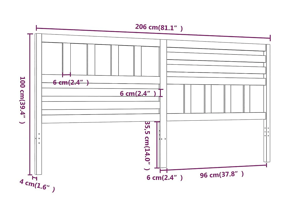 Tête de lit Noir 206x4x100 cm Bois massif de pin