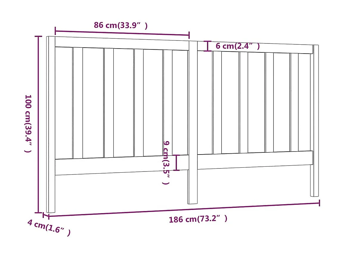 Hoofdbord Zwart 186x4x100 cm Massief grenenhout