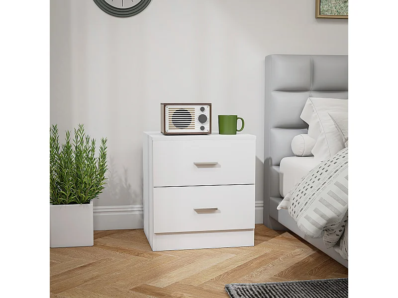 Chevet table de nuit style contemporain 2 tiroirs poignées alu blanc