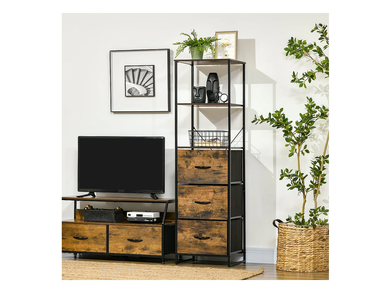 Meuble colonne design industriel - 3 tiroirs, 3 étagères - châssis acier noir MDF aspect bois avec veinage