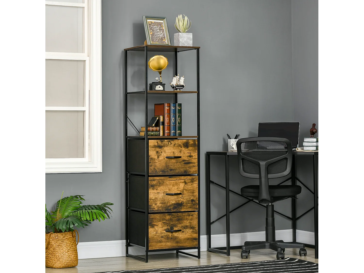 Meuble colonne design industriel - 3 tiroirs, 3 étagères - châssis acier noir MDF aspect bois avec veinage