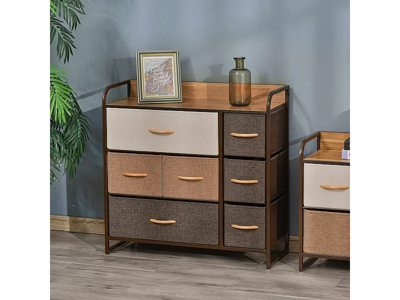 Meuble de rangement commode 7 tiroirs plateau MDF aspect bois acier non tissé marron beige