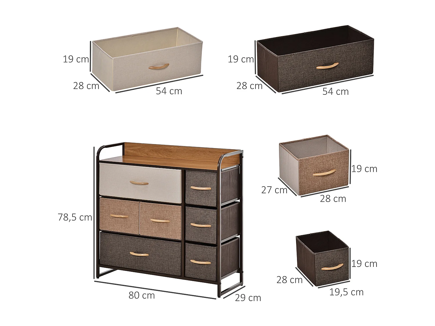 Meuble de rangement commode 7 tiroirs plateau MDF aspect bois acier non tissé marron beige
