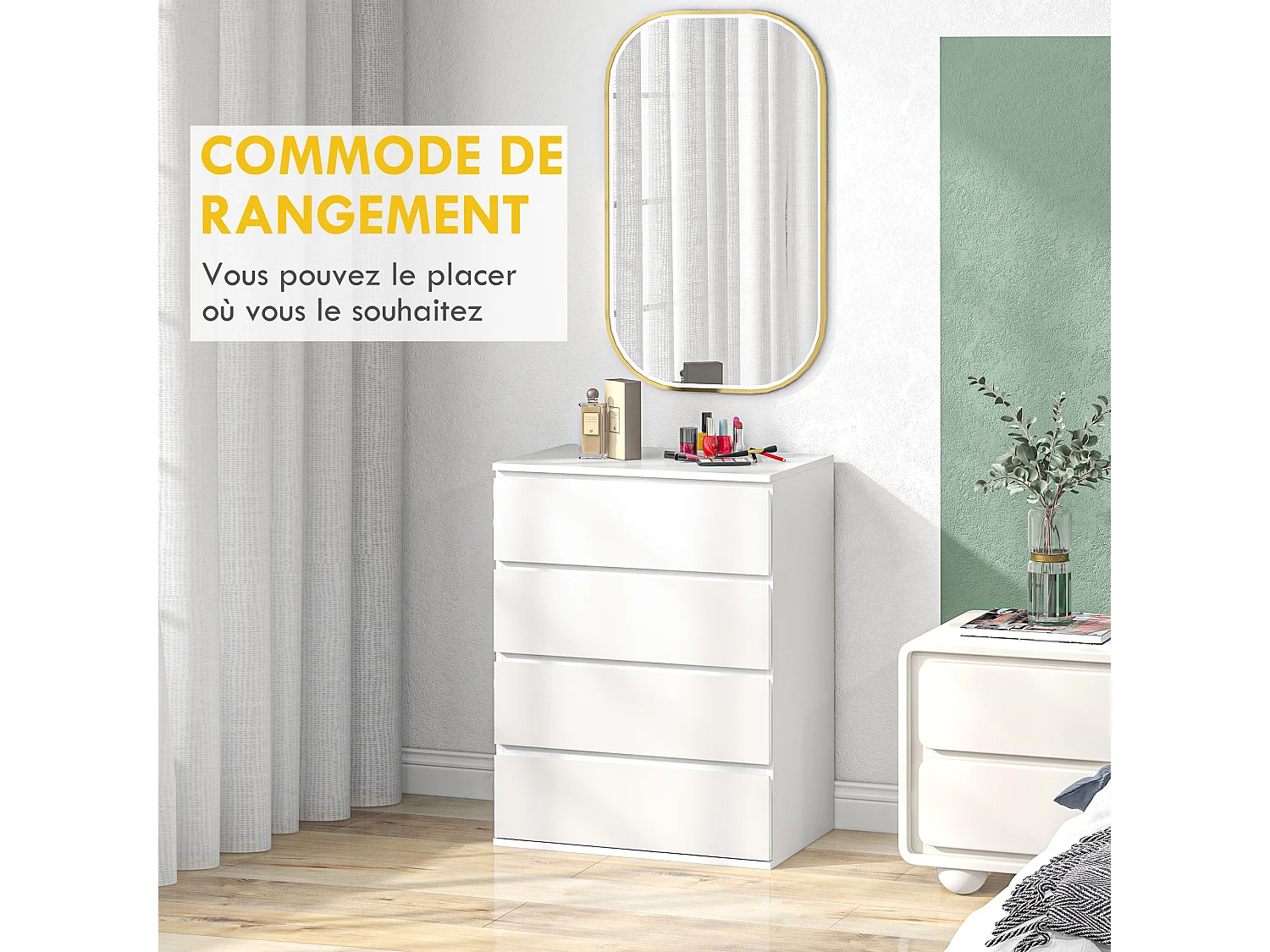 Commode 4 tiroirs dim. 60L x 40l x 80H cm blanc
