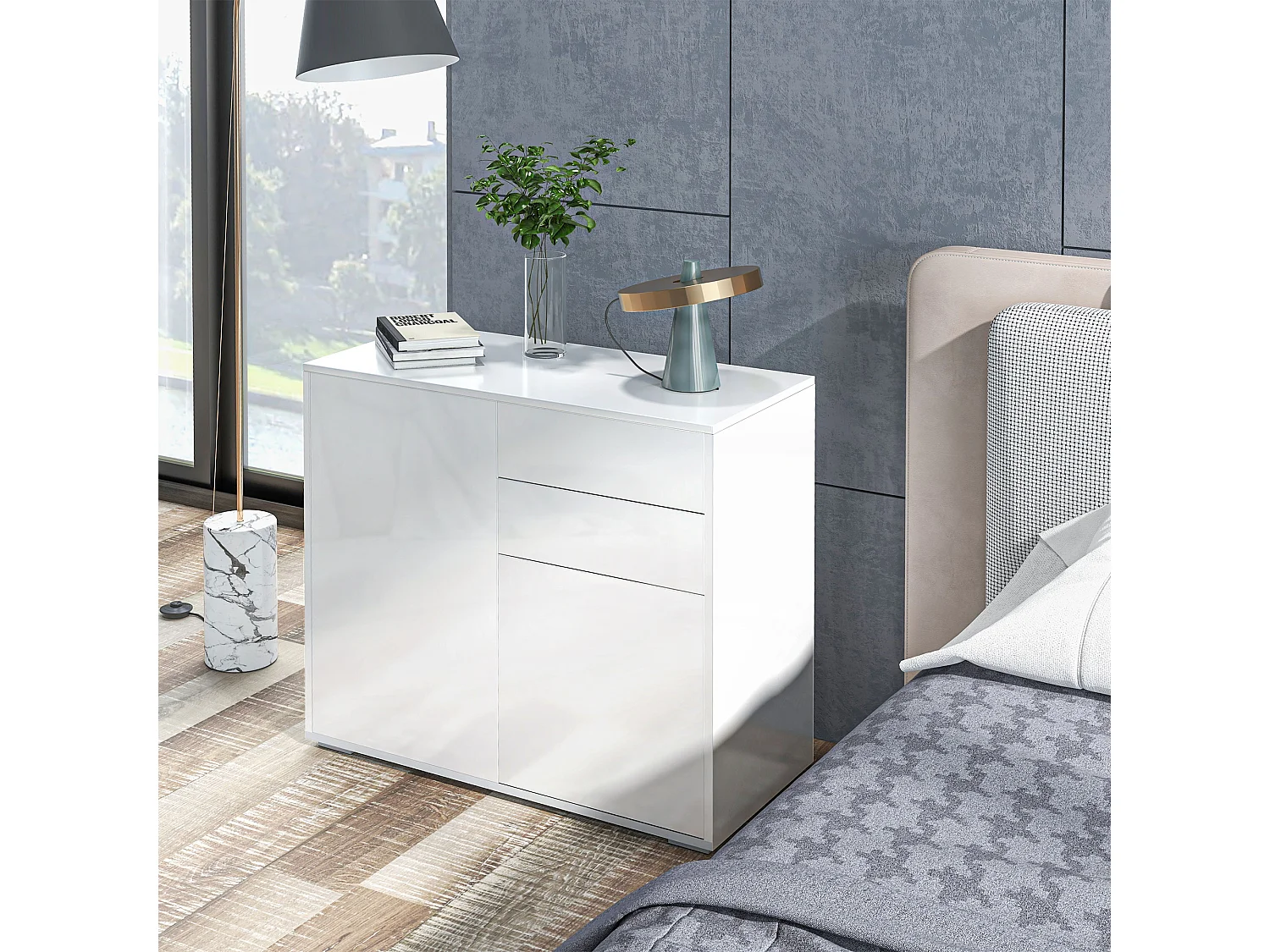 Commode buffet meuble de rangement 2 tiroirs 2 portes avec étagère 79 x 36 x 74 cm blanc laqué
