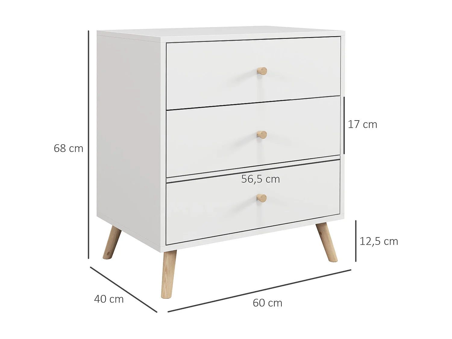 Commode 3 tiroirs design scandinave piètement effilé incliné bois pin MDF blanc