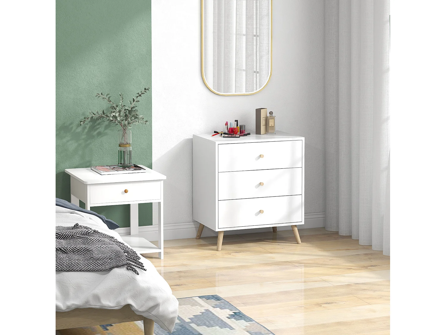 Commode 3 tiroirs design scandinave piètement effilé incliné bois pin MDF blanc