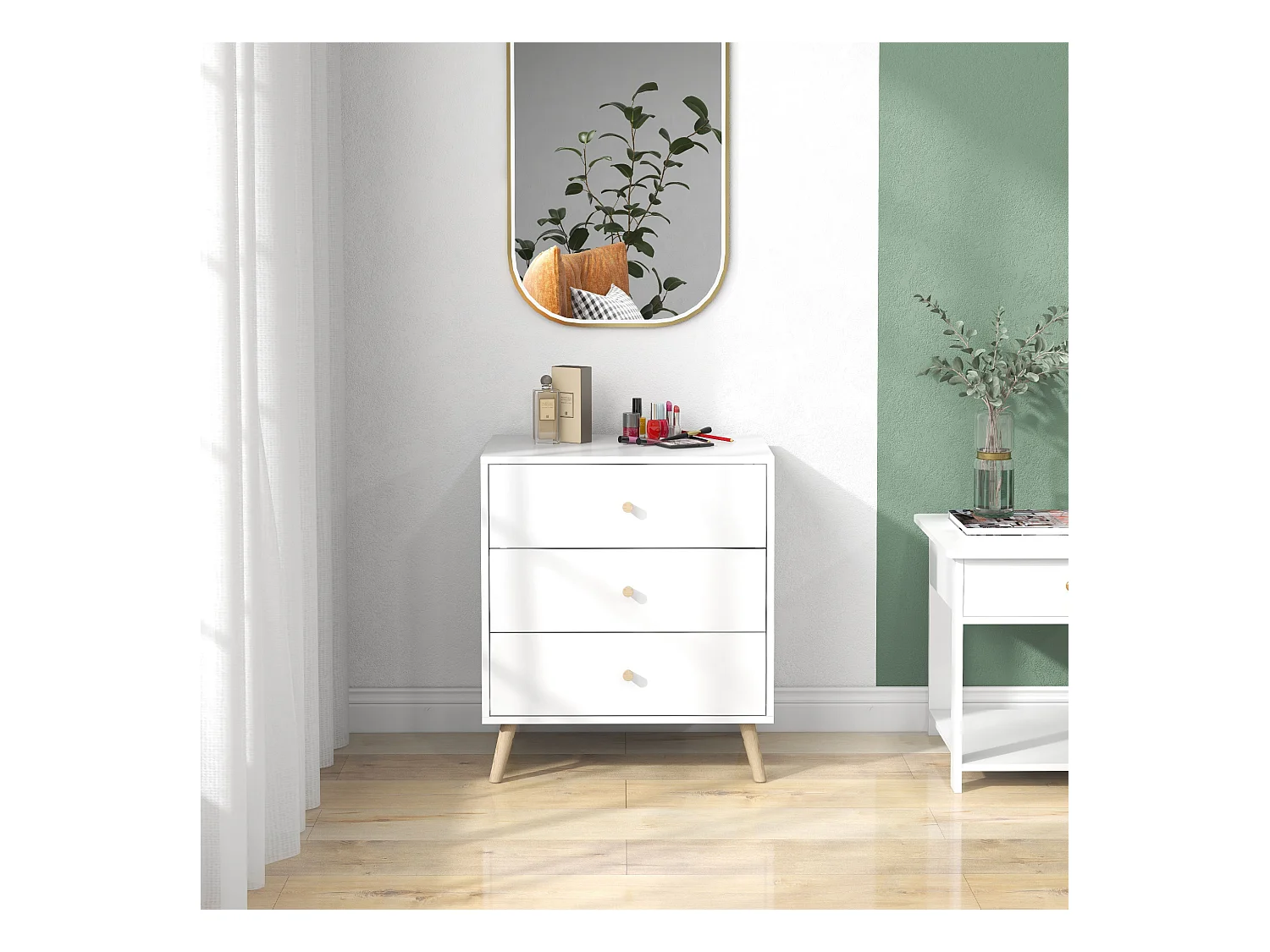Commode 3 tiroirs design scandinave piètement effilé incliné bois pin MDF blanc
