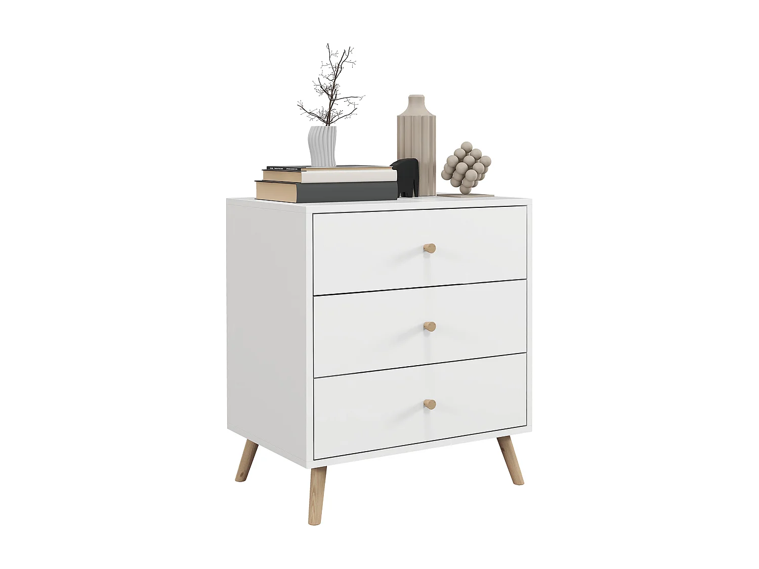 Commode 3 tiroirs design scandinave piètement effilé incliné bois pin MDF blanc