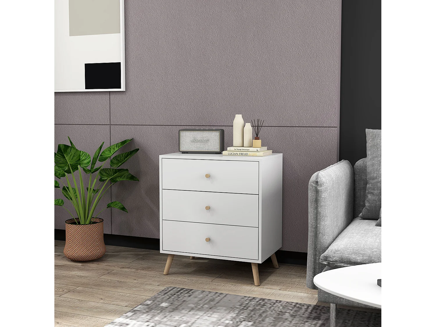 Commode 3 tiroirs design scandinave piètement effilé incliné bois pin MDF blanc