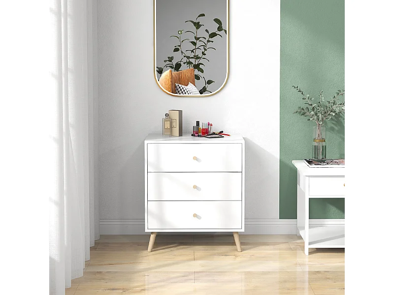 Commode 3 tiroirs design scandinave piètement effilé incliné bois pin MDF blanc